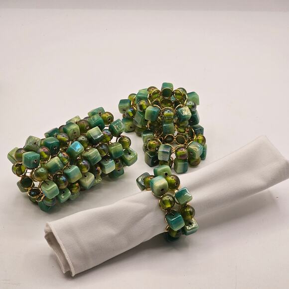 Pier 1 Gold & Green Beaded Glass Napkin Rings Set of 8 – Vintage Table Decor - Picture 6 of 7